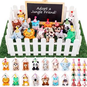 Blueweenly 54 Pcs Adopt a Jungle Animal Theme Party Favor Include 14 Forest Mini Safari Stuffed Animal 15 Hats 14 DIY House Box 1 Mini Chalkboard 10 Fence, Adoption Pet Jungle Birthday Party Supplies