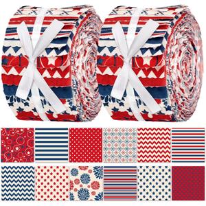 Hosuly 40 Pcs Patriotic Quilting Fabric 2.55" Red White Blue Jelly Fabric | American Flag Star Fabric Strip, 2.55 x 39.4 in Patchwork Bundle Roll for Patriot Labor Veterans Day Rug Blanket DIY Craft