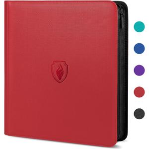Premium Zip Card Binder 12 Pocket, Fabmaker 912 Pockets Trading Card Binder, PU Zipper Card Collection Album, Sturdy Side-Loading Card Book Holder for MTG, TCG, Game Cards, Sports Cards, Red (12 Pocket - 15" x 13.6")