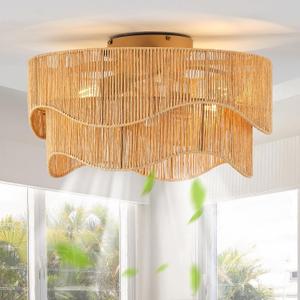 Flush Mount Ceiling Fan with Lights, 20" Low Profile Boho Ceiling Fan with Light Remote Control, Caged Rattan with 6 Speeds for Bedroom, Nursery, Living Room