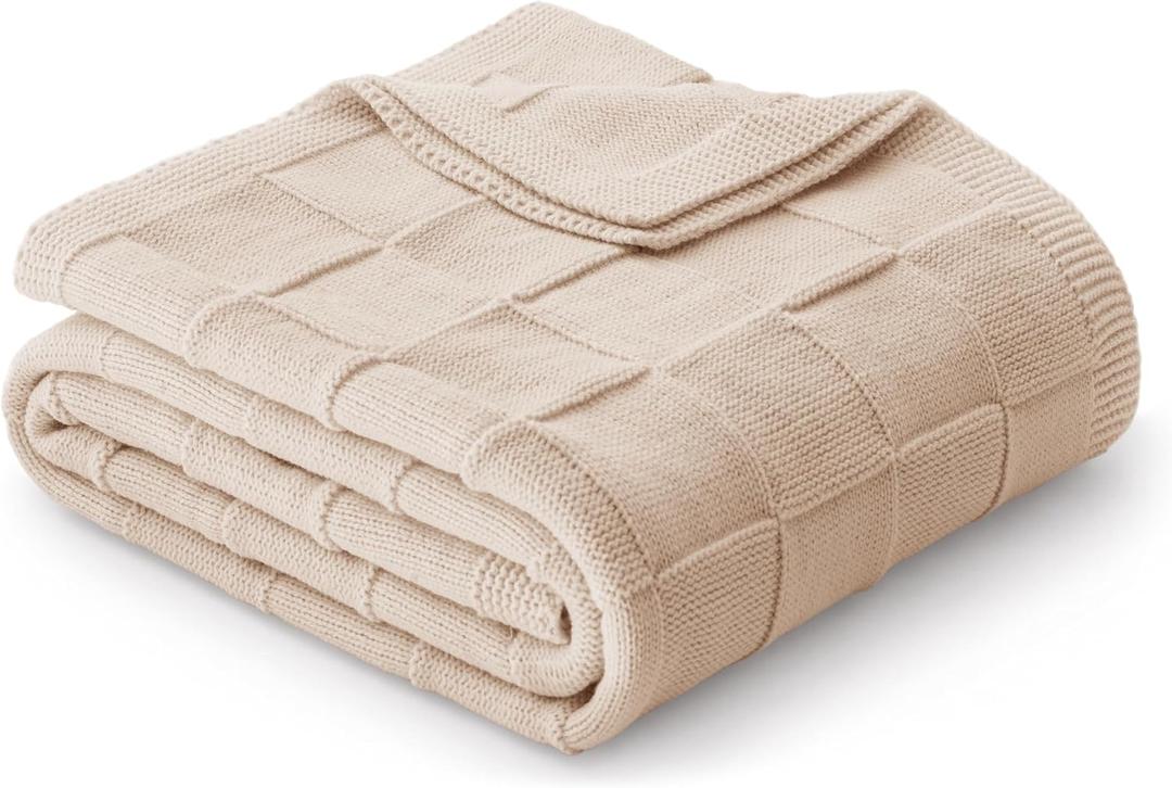Whale Flotilla Knit Checkered Throw Blanket for Couch, Soft Fuzzy Decorative Knitted Blankets for Sofa Bed, Lightweight Cozy Warm Throws for Spring Summer, 50x60 Inch, Camel