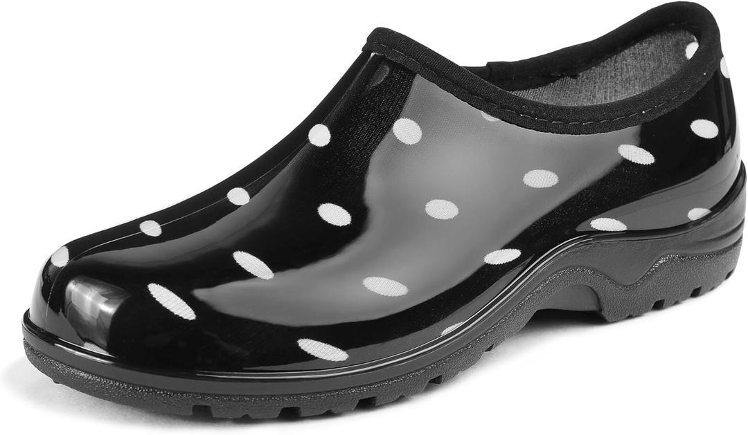 DKSUKO Waterproof Garden Shoe for Women Outdoor Slip-On Rain Boots Short Ankle Work Shoes and Garden Clogs with Comfort Insole (8, Black and Big White Dot)