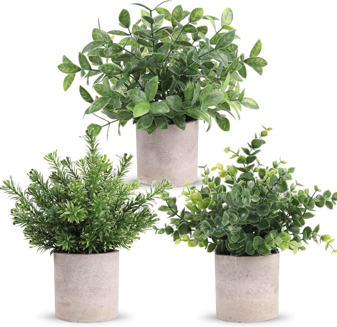 Der Rose 3 Pack Mini Potted Fake Plants Artificial Plastic Eucalyptus Plants Topiaries for Home Office Desk Farmhouse Shelf Room Bathroom Decor (Green)