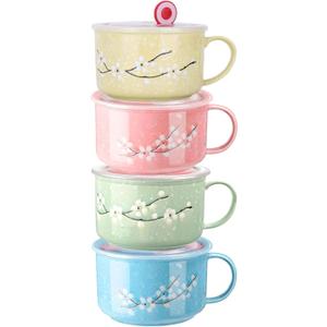 4 PCS 30 oz Soup Bowls with Lids and Handles, Microwave & Dishwasher Safe Hand Painted Ceramic Cute Ramen Bowls for Noodles, Porridge, Rice