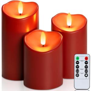 Homemory Burgundy Flameless Candles, Waterproof Flickering Flameless Candles, Outdoor Battery Operated LED Pillar Candles with Remote Timer, Electric Fake Plastic Candles, D3 x H4 5" 6", Red, 3 Pack