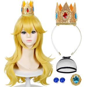 LABEAUT Blonde Princess Wig with Crown + Brooch + Ear Clip + Wig Cap,5 Peice Set of Golden Long Wavy Peach Cosplay Wig Costume for Halloween Party (Yellow Peach Child)
