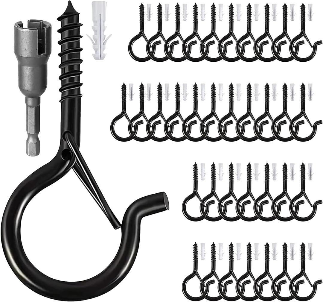 36 Pcs Q Hanger Hooks with Safety Buckle & Drill Bit,Ceiling Hooks for Hanging Plants,Screw Hooks for Hanging Outdoor String Lights,Wind Chimes,Lights & Party Decors,2.2 Inches,Black