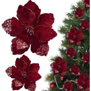 Thiccywoov Burgundy 16 Pcs Christmas Poinsettia Flowers Decoration Artificial Velvet Flowers Glitter Magnolia Flower Ornaments for Christmas Tree Wreath Garland Decor 9.4 Inch and 6.3inch