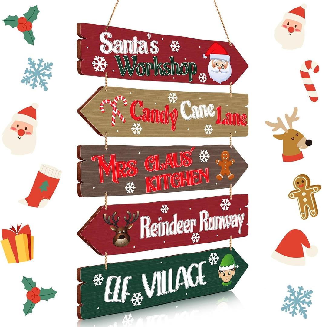 Patelai Christmas Wall Decor Santa Wood Door Sign Christmas Arrow Door Decoration Hanging Plaque Rustic Farmhouse Wreaths for Holiday Indoor Outdoor Porch