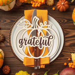 12 Pcs Thanksgiving Pumpkin Wooden Plate Decor Grateful Wood Cutouts Fall Autumn Thankful Blessed Favour Gather Party Place Card Table Settings Signs for Farmhouse Dining Table Holiday Harvest (Large)
