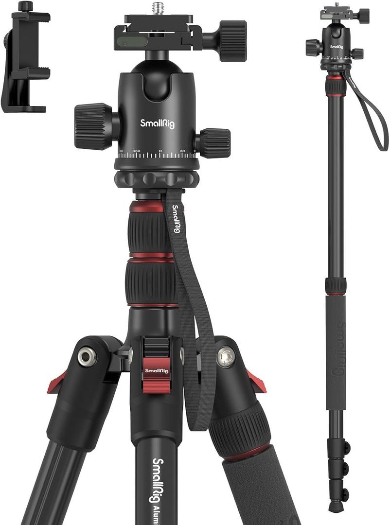 SmallRig Camera Tripod, 71" Foldable Aluminum Tripod/Monopod, 360Ball Head Detachable, Payload 33lb, Adjustable Height from 16" to 71" for Camera, Phone
