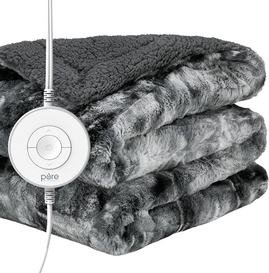 Pure Enrichment PureRadiance Luxury Heated Throw Blanket, Patented Design, Soft Faux Fur & Sherpa, 6 Heat Settings, Machine Washable, Cozy Electric Blanket for Couch or Bed Use, 50” x 60” (Smoke)
