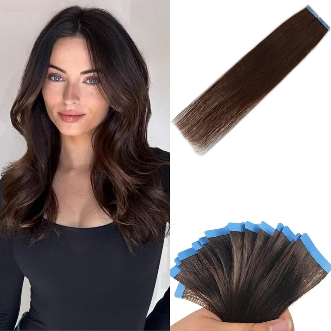 Dark Brown Tape in Hair Extensions Human Hair for Women Invisible 18 Inch Remy Human Hair Extensions Tape in Hair (18 Inch-20pcs-30 Gram, #2 Dark Brown)