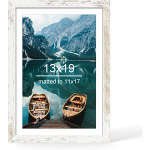 13x19 Picture Frame, Distressed White Wood Style - Display Posters 11 x 17 with Mat or 13x19 without Mat, Wall Mounting Horizontal and Vertical, 1 Pack