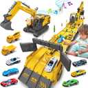 Dwi Dowellin Toys for 3 Year Old Boys,Excavator Toys for Kids with 6 Metal Racing Cars and 2 Engineering Vehicle,Foldable Ejection Vehicle with Lights & Sound for 3 4 5 6 7 Years Old Gifts