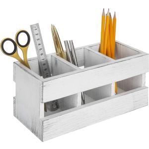 MyGift 3-Compartment Vintage White Solid Wood Desktop Office Supplies Caddy Pen Pencil Cup Holder Desk Organizer, Makeup Brush Art and Paint Brush Holder
