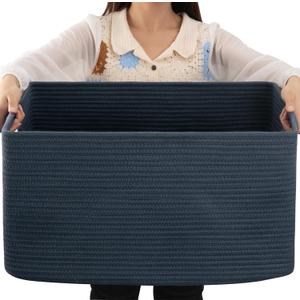 OIAHOMY 75L Large Blanket Basket, Woven Storage Basket with Handle, Cotton Rope Basket 22x17x12,Blanket Basket Living Room, Toy Basket for Nursery, Blue