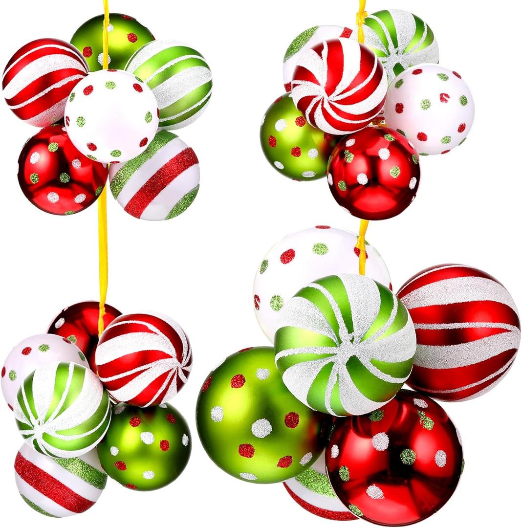 Syhood 4 Sets 24 Pcs Red and Green Christmas Ornaments Ball Pre Strung Plastic Xmas Tree Decorations Shatterproof Red White and Green 2.36'' Christmas Balls Ornaments for Hanging Holiday (Cute)