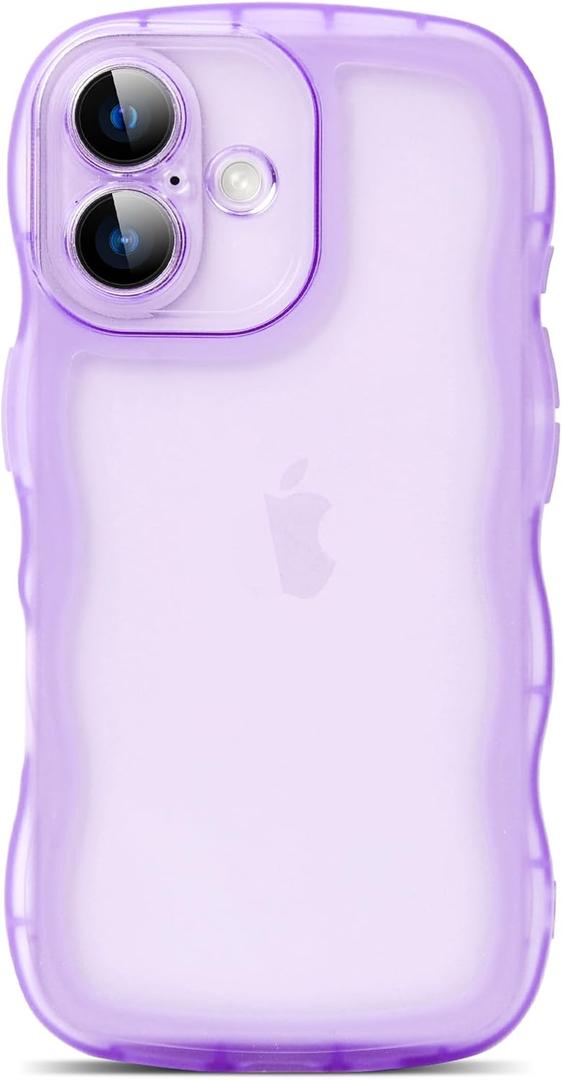SKYLMW Compatible with iPhone 16 Case 6.1" 2024, Cute Kawaii Curly Wave Frame Shape Soft Silicone Shockproof Protective Phone Cover for Women Girls, Clear/Purple