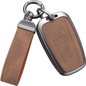 YO&YOYE Compatible with Toyota Key Fob Cover with Keychain Leather Key Case Protector for 2018-2022 Camry RAV4 Highlander C-HR Prius Corolla Avalon GT86 Smart Key (Model1, Brown)