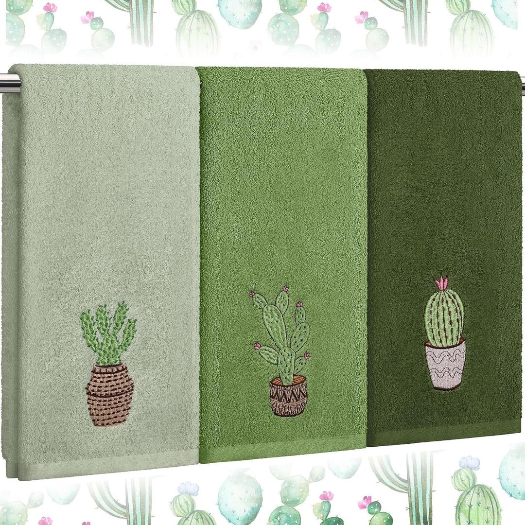 FuWeave 3 Pcs Green Cactus Summer Hand Towels for Bathroom 100% Cotton 29.5 x 13.8'' Embroidered Decorative Absorbent Soft Bath Hand Towels for Bathroom Kitchen Gift Decor