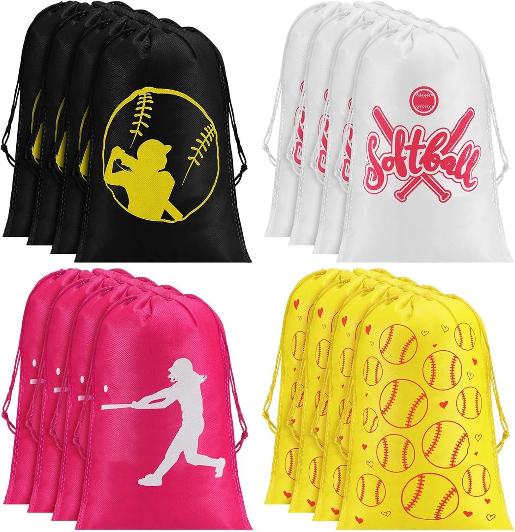 16 Pcs Softball Party Favor Bag Kids Drawstring Softball Bag, Non Woven Goodie & Treat Pack for Ball Themed Birthday Sports Party Gift, 12.6 x 8.7 Inches