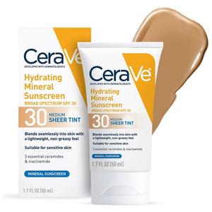 CeraVe Hydrating Mineral Sunscreen Face Sheer Tint SPF 30, Face Moisturizer with Niacinamide and Hyaluronic Acid, For All Skin Tones