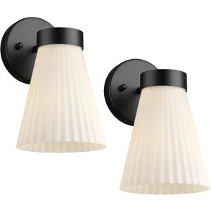 Bathroom Wall Sconce Set of Two, HWH Wall Vanity Light with Frosted White Striped Shade, Industrial Wall Lamp Matte Black for Bathroom Doorway, 5HZG97B-2PK BK