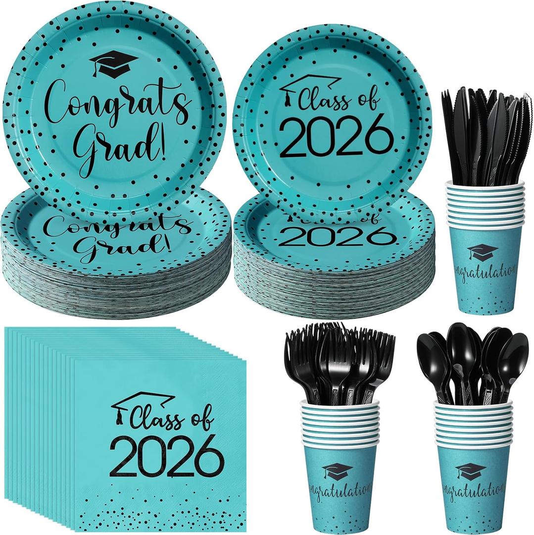 175pcs Class of 2026 Graduation Plates and Napkins Set, Disposable Paper Plate Set Polka Dots Plates Napkins Cups Knife Fork Spoon for Graduation Party Decorations and Supplies,Serve 25Teal Black