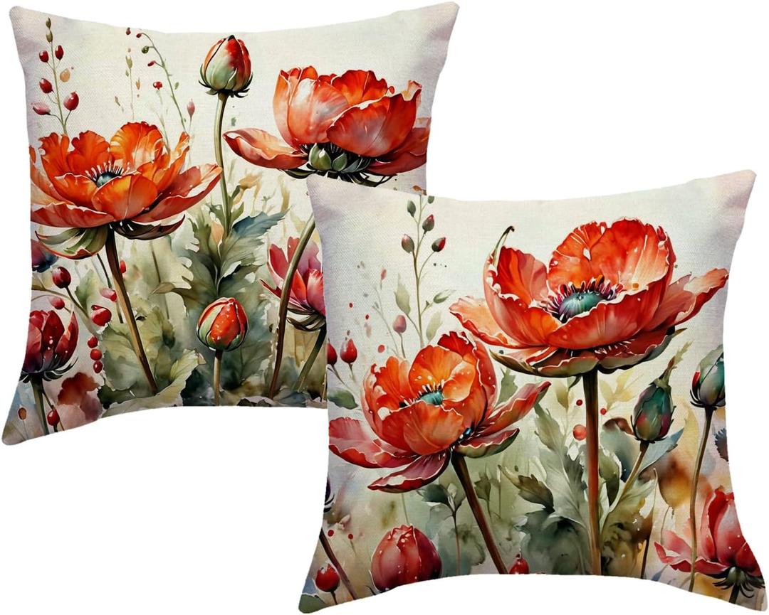 Floral Poppy Throw Pillow Covers 18 x 18 Inch Nature Theme Cushion Covers Watercolor Art Home Decor Spring Summer Flowers Pillow Cases 2Pack for Sofa Couch Porch (Red Floral)