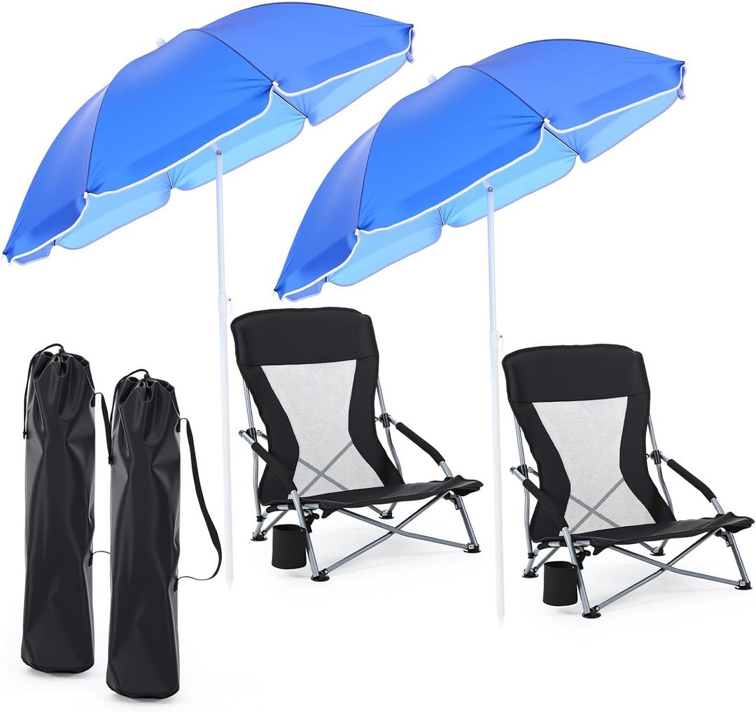 Huwena 2 Pack Beach Chairs with Umbrella for Adults, Low Folding Chair Set, Adjustable Detachable Umbrella, Lightweight Portable with Cup Holder & Carry Bag, for Beach Camping Travel(Black)
