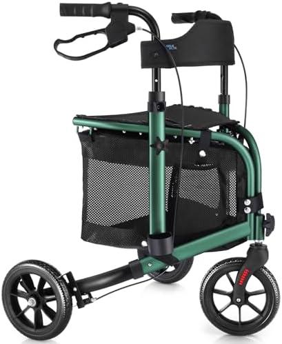 WALK MATE 3 Wheel Rollator Walker with Seat for Slim Seniors, Padded Backrest Lightweight Foldable Walker Ideal for Elderly, 8 Inch Tri-Wheel Modern Mobility Walking Aid Aluminum, Green