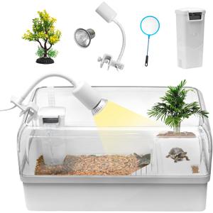 Turtle Tank Habitat Kit,Aquatic Tortoise Enclosure Starter Aquarium with Multi-Function Area,Hideout,UV Basking Platform Light,Water Filter,Fish Net,Drainage,Plant for Turtle Reptile Crab (M(17.12x10.24x8.661N), Set)