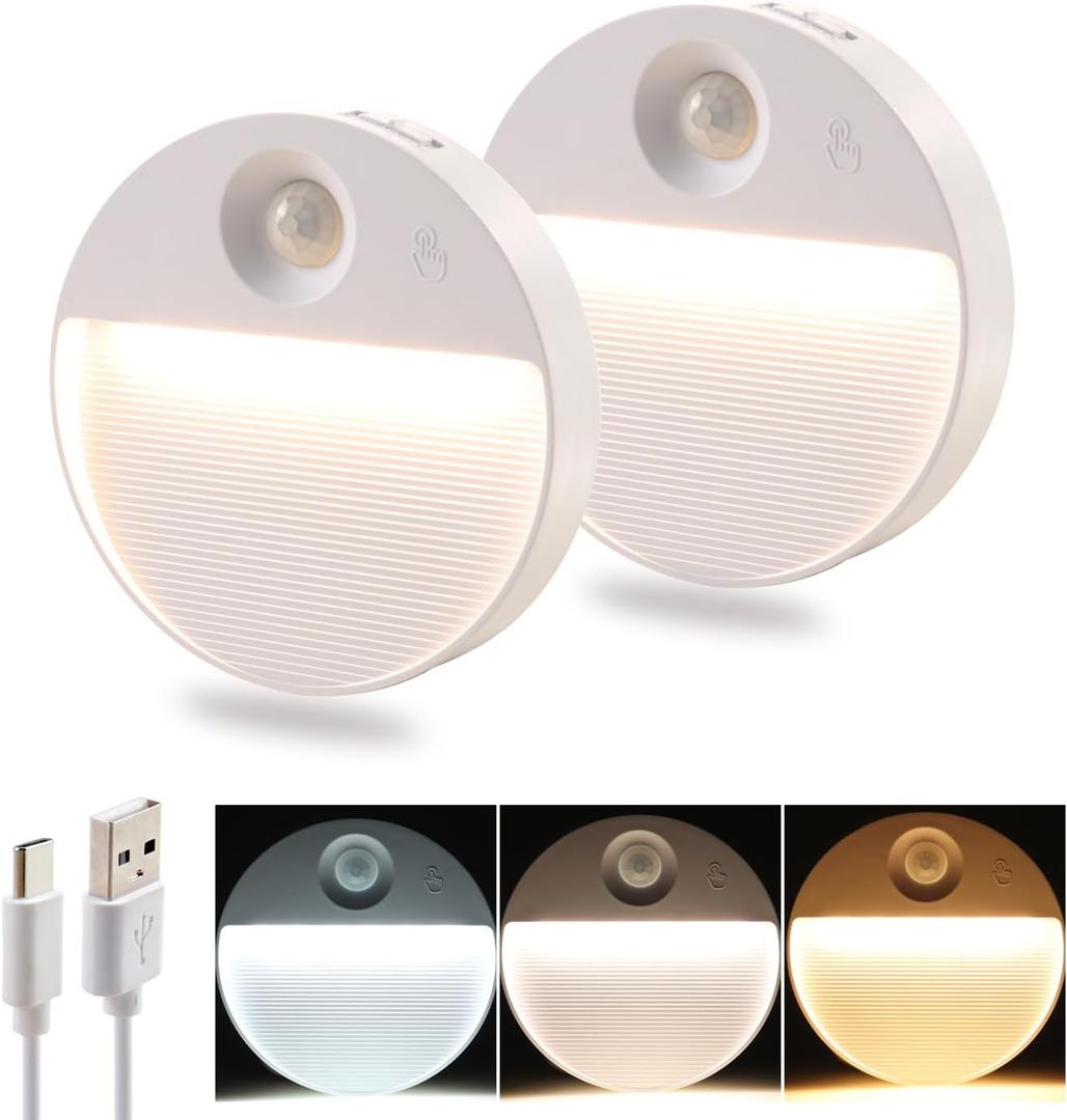 DAMI Rechargeable Motion Sensor Night Light Indoor, 2 Pack - Dimmable LED Closet Lights with 3 Color Temperatures, Magnetic Stick-On Wireless Under Cabinet Lighting for Hallway, Stairs, Kitchen (White_Round)