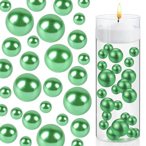 8/14/20mm Floating Pearls for Centerpieces Vases, 150 PCS Floating Pearls for Vase Fillers, Green No Hole Beads for Crafts, Candle Centerpiece, Table Scatters