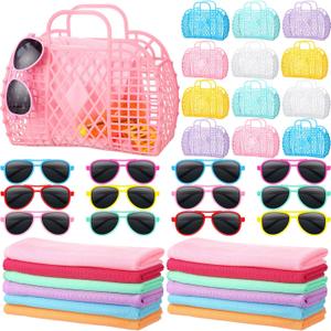 48 Pcs Pool Party Favors for Kids Beach Party Favors, Reusable Jelly Basket Neon Sunglasses Absorbent Beach Towel End of School Gifts for Kids Summer Themed Birthday Supplies