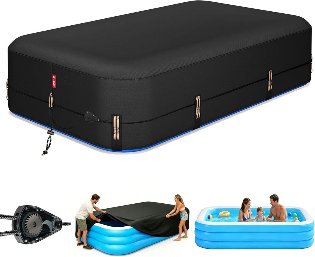 QH.HOME 90"x60" Rectangular Pool Cover for Inflatable Pool,Black Oxford Fabric Heats Water, Blocks Leaves & Sun, Windproof Snug Fit with Patented Ratchet & Weight Rings