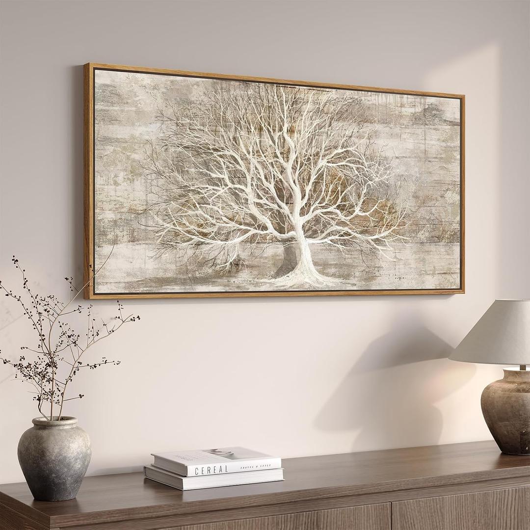 Framed Vintage Tree of Life Wall Art, Neutral Rustic Farmhouse Tree Canvas Painting Print Artwork for Walls, Gray White Beige Modern Abstract Forest Picture for Living Room Bedroom Office Wall Decor, 40"L x 20"W