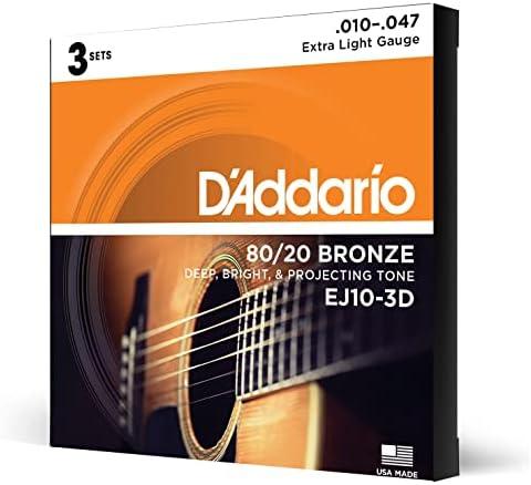 D'Addario Acoustic Guitar Strings, 80/20 Bronze, EJ10-3D, Extra Light Gauge 10-47, 6-String Set, Pack of 3