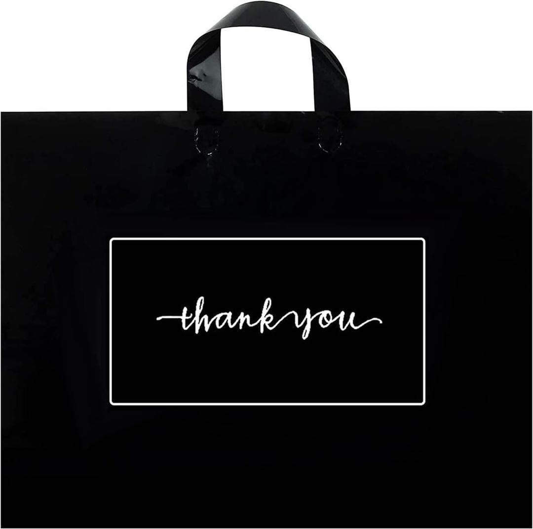 Thank You Merchandise Bags 50Pcs 12x15In Extra Thick 3.15Mil Retail Shopping Bags - Reusable Plastic Bags with Soft Loop Handle for Goodie Bags, Party, Stores, Boutique, Clothes (Black)