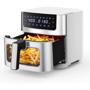 NEWBULIG Air Fryer 6.34QT, Airfryer with Visible Window, 400 Fast Heating Air Fryers Oven with Nonstick and Dishwasher-Safe Basket, 8-in-1 Cooking Preset, TimerAuto-Off, Stainless Steel, White