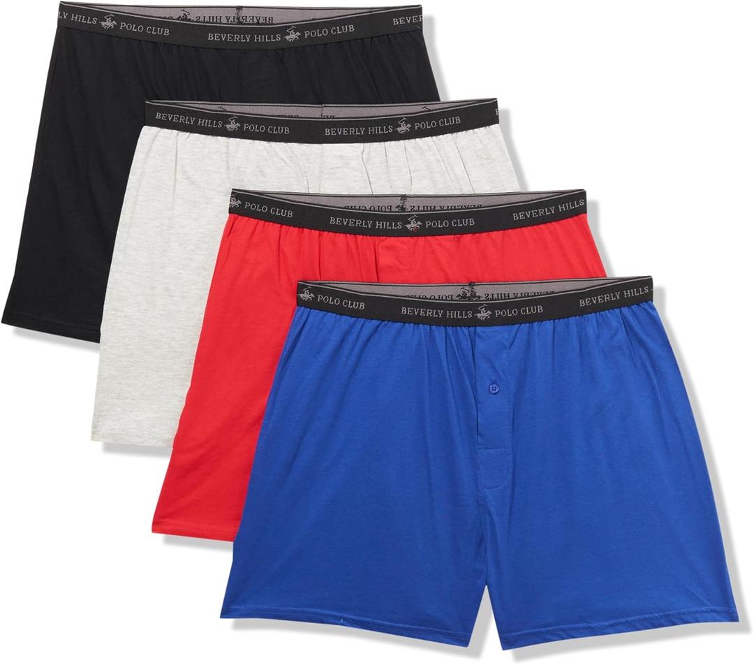 Beverly Hills Polo Club Men's 4 Pack Comfort Knit Boxer Vibrant (New Red/Black/Blue/Grey Heather)