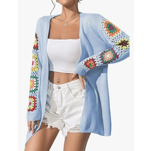 Lemamwu 2024 Boho Floral Pattern Crochet Open Front Long Sleeve Casual Knit Cardigan Sweater