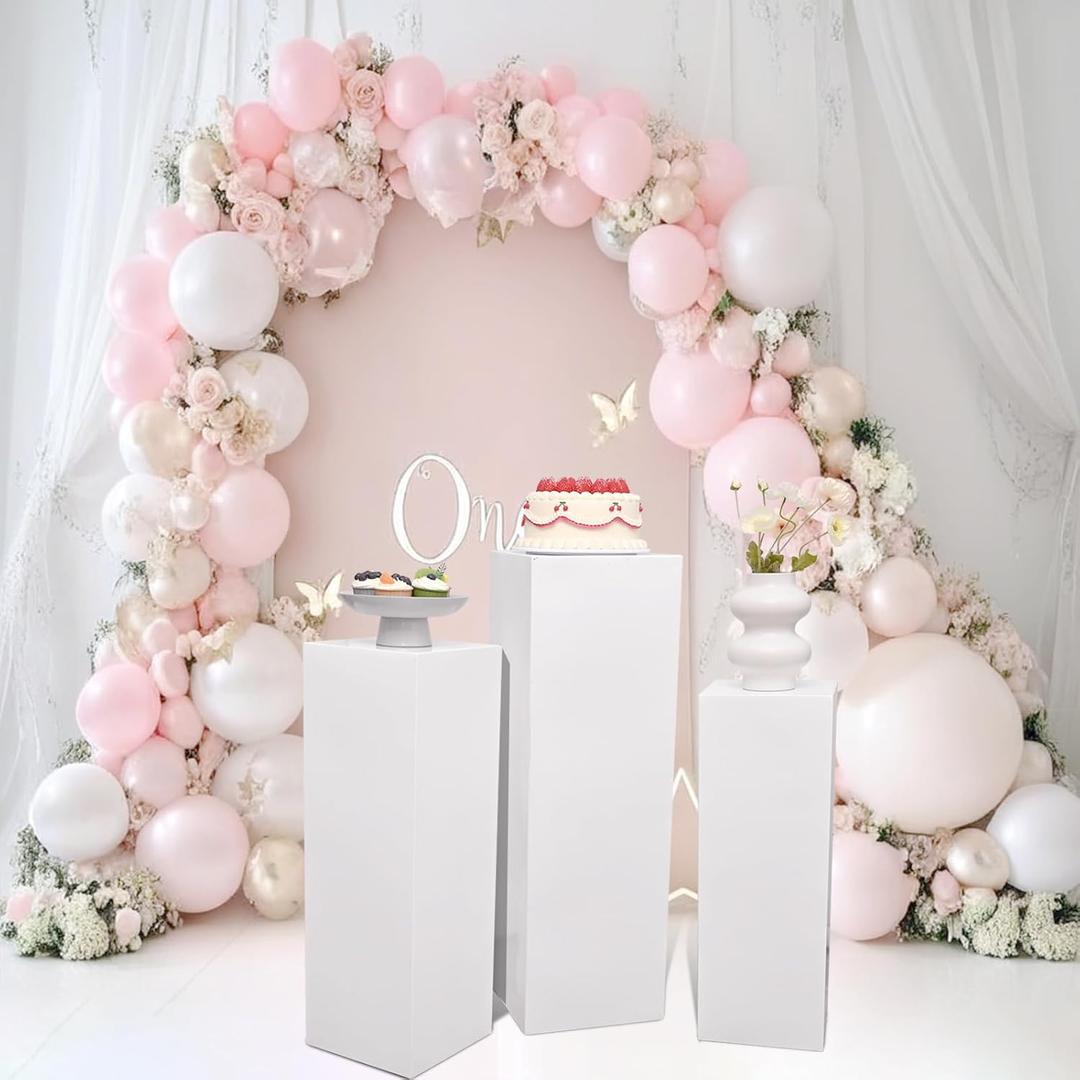 3 x SwallowLiving 3PCS Metal White Display Pedestal Stand for Parties, Square Tall Pedestal Cake Stands Pillars for Wedding, Sculpture Display Stand Column Decoration