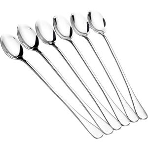 Long Handle Iced Tea Spoons, 6 Pcs 9.5-Inch Stainless Steel Dessert and Coffee Mixing Spoons for Milkshakes, Ice Cream, Cocktails, Cold Drinks (Oval)