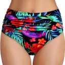 Tempt Me Women's High Waisted Bikini Bottom Tummy Control Ruched Bathing Suit Swim Bottom, Size M (Red Flower)