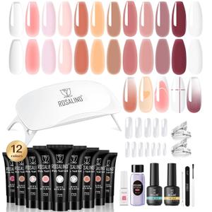 ROSALIND Pink Poly Nail Gel Kit -12 Colors + Nail Art Accessories Kit Nude Shades Poly Nails Gel Starter Kit with Slip Solution All Seasons Classic Colors Nails Extensions Set with Mini UV Lamp