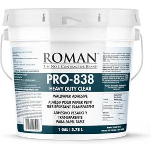 ROMAN PRO-838 Heavy Duty Clear Wallpaper Adhesive, for Commercial Weight Wallcoverings, Wall Carpet, Non-Wovens, and More, 1 Gallon (300 sq. ft.)