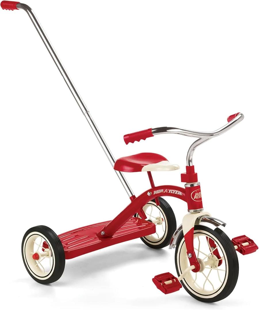 Radio Flyer 34TX Kids Beginner Classic Steel Framed 10 Inch Front Wheel Adjustable Seat Tricycle with 3 Position Push Handle, Red, 10-12 Inches