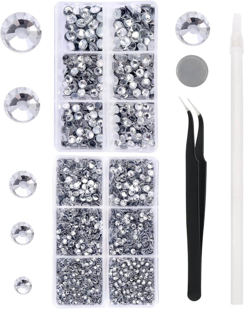 Meibite Hotfix Rhinestones Clear Glass 6796PCS SS6SS30 Flat Back Crystal Rhinestone Kit for Clothes Fabric DIY, Sparkly Gems with Tweezers & Picker for Tumblers, Dance Costumes, Crafts